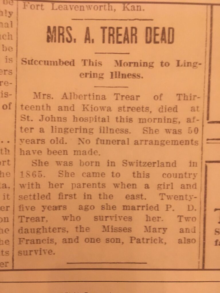 Newspaper noting the death of Patrick Trear's mother in 1915